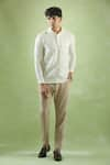 Arihant Rai Sinha_Cream 100% Pure European Linen Stripe Mandarin Collar Shirt _at_Aza_Fashions