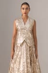 kriti bapna_Gold V-neck Shimmer Waistcoat With Skirt _Online_at_Aza_Fashions