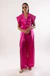 Buy_kriti bapna_Pink Satin Silk Solid Lapel Collar Plain Cropped Jacket With Pant _at_Aza_Fashions