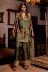 Buy_Pooja-Keyur_Green Organza Embroidery Aari Open Khanjiri Blossom Cutwork Cape And Pant Set _at_Aza_Fashions