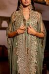 Buy_Pooja-Keyur_Green Organza Embroidery Aari Open Khanjiri Blossom Cutwork Cape And Pant Set _Online_at_Aza_Fashions