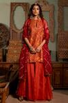 Buy_Pooja-Keyur_Orange Silk Embroidery Aari Notched Round Lehra Bloom Vine Kurta With Sharara _at_Aza_Fashions