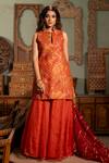 Buy_Pooja-Keyur_Orange Silk Embroidery Aari Notched Round Lehra Bloom Vine Kurta With Sharara _Online_at_Aza_Fashions