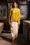 Buy_Pooja-Keyur_Yellow Silk Sitar Patchwork And Bandhani Peplum Kurti With Pickup Dhoti Skirt _at_Aza_Fashions