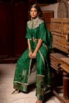 Shop_Pooja-Keyur_Green Organza Embroidery Aari Ektara Bahar Asymmetric Cape And Flared Pant Set _at_Aza_Fashions