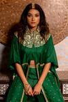 Shop_Pooja-Keyur_Green Organza Embroidery Aari Ektara Bahar Asymmetric Cape And Flared Pant Set _Online_at_Aza_Fashions