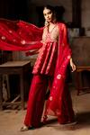 Shop_Pooja-Keyur_Red Kurta Silk Woven Patola V Neck Apsara Short And Pleated Pant Set _at_Aza_Fashions