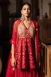 Buy_Pooja-Keyur_Red Kurta Silk Woven Patola V Neck Apsara Short And Pleated Pant Set _Online_at_Aza_Fashions