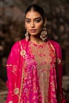 Pooja-Keyur_Pink Silk Embroidery Aari Round Vaani Chand Butti Kaftan And Pant Set _at_Aza_Fashions