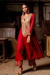 Shop_Pooja-Keyur_Red Silk Embroidery Aari Notched Rukmini Anarkali And Palazzo Set _Online_at_Aza_Fashions