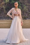 Shop_Ridhima Bhasin_Ivory Organza Embroidery Cutdana Sweetheart Eden 3d Floret Jacket And Lehenga Set _Online_at_Aza_Fashions