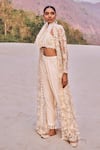 Ridhima Bhasin_Ivory Organza Embroidery Pearl Alba 3d Ivy Bloom Long Jacket And Pant Set _Online_at_Aza_Fashions