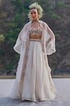 Buy_Ridhima Bhasin_Ivory Organza Embroidery Cutdana Scoop Neck Cape And Lehenga Set _at_Aza_Fashions