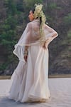 Shop_Ridhima Bhasin_Ivory Organza Embroidery Cutdana Scoop Neck Cape And Lehenga Set _at_Aza_Fashions