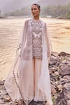 Buy_Ridhima Bhasin_Ivory Organza Embroidery Pearl High Zuva Fiore Attached Cape Kurta With Sharara _at_Aza_Fashions