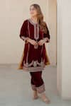 Buy_Sheetal Batra_Maroon Silk Velvet Embroidered Kirandori Round Asiyah Kurta And Salwar Set _at_Aza_Fashions