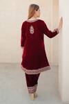 Shop_Sheetal Batra_Maroon Silk Velvet Embroidered Kirandori Round Asiyah Kurta And Salwar Set _at_Aza_Fashions