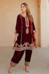 Sheetal Batra_Maroon Silk Velvet Embroidered Kirandori Round Asiyah Kurta And Salwar Set _Online_at_Aza_Fashions