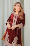 Sheetal Batra_Maroon Silk Velvet Embroidered Kirandori Round Ayat Work Kurta And Salwar Set _at_Aza_Fashions