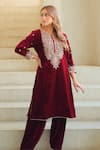 Buy_Sheetal Batra_Maroon Silk Velvet Embroidered Kirandori Round Naima Kurta And Salwar Set _at_Aza_Fashions