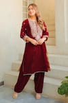 Shop_Sheetal Batra_Maroon Silk Velvet Embroidered Kirandori Round Naima Kurta And Salwar Set _at_Aza_Fashions