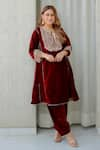 Buy_Sheetal Batra_Maroon Silk Velvet Embroidered Kirandori Round Nisreen Kurta And Salwar Set _at_Aza_Fashions