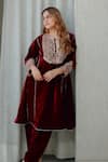 Shop_Sheetal Batra_Maroon Silk Velvet Embroidered Kirandori Round Nisreen Kurta And Salwar Set _Online_at_Aza_Fashions