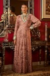 Buy_Angad Creations_Pink Crepe Silk Embroidery Aari Thread Shawl Lapel Gulab Whisper Neck Gown _at_Aza_Fashions