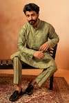 Shop_Angad Creations_Green Viscose Raw Silk Embroidered Thread Dunes Bloom Paisley Kurta With Pant _Online_at_Aza_Fashions