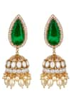 Shop_Hrisha Jewels_Green Moissanite Kundan Teardrop Synthetic Emerald Doublet Embellished Jhumkas _at_Aza_Fashions