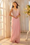 Buy_Aariyana Couture_Pink Poly Georgette Embroidered Floral Scoop Pre-draped Skirt Saree With Blouse _Online