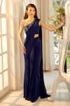 Shop_Aariyana Couture_Blue Viscose Crepe Hand Embroidered Floral One Pre-draped Saree With Bustier 