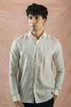 Buy_Arihant Rai Sinha_Beige 100% Pure European Linen Geometric Stripe Pattern Shirt _at_Aza_Fashions