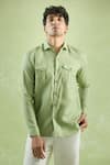 Arihant Rai Sinha_Green 100% Pure European Linen - 60 Lea Plain Front Buttoned Shirt _at_Aza_Fashions