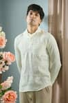 Buy_Arihant Rai Sinha_Cream 100% Pure European Linen Stripe Mandarin Collar Shirt _at_Aza_Fashions