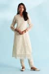 Buy_Roze_Cream Jacquard Chanderi Embellished Floral V Neck Zaira Lace Kurta _at_Aza_Fashions