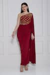 Buy_NAINA SETH_Maroon Stretch Knit Embroidery Gota One Shoulder Embellished Gown _at_Aza_Fashions