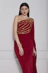 NAINA SETH_Maroon Stretch Knit Embroidery Gota One Shoulder Embellished Gown _Online_at_Aza_Fashions