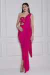 Buy_NAINA SETH_Pink Stretch Knit Embroidery Gota Patti Asymmetric Neck Draped Embellished Gown _at_Aza_Fashions