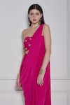 NAINA SETH_Pink Stretch Knit Embroidery Gota Patti Asymmetric Neck Draped Embellished Gown _Online_at_Aza_Fashions