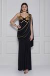 Buy_NAINA SETH_Black Stretch Knit Embroidery Zari Gota Embellished Gown With Cowl Drape _at_Aza_Fashions