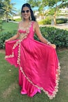 Buy_Foram Patel_Pink Natural Crepe Embroidered Shell Sweetheart Mirror Cape Flared Pant Set _at_Aza_Fashions