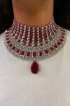 Buy_Prerto_Red Fuax Diamonds Maharani Drop Dimonte Floral And Heart Jewellery Set _at_Aza_Fashions