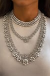 Buy_Prerto_White Faux Diamond Maharani Cushion And 3 Layer Pearly Floret Necklace Set _at_Aza_Fashions