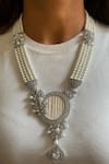 Buy_Prerto_White Faux Diamond Vintage Diana And Pearl Embellished Pendant Necklace Set _at_Aza_Fashions