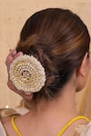 Shop_Shlok Jewels_White Pearls, Zari Floral Juda Pin With Kundan And _at_Aza_Fashions