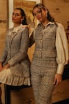 Label Deepika Nagpal_Beige Vest And Pant Tweed Geometric Vest Round Emma With Set _Online_at_Aza_Fashions