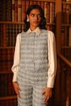 Shop_Label Deepika Nagpal_Blue Vest And Pant Tweed Geometric Vest Round Emma Sleeveless With Set _Online_at_Aza_Fashions