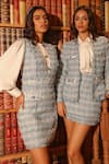 Label Deepika Nagpal_Blue Blazer And Skirt Tweed Geometric Shirt Collared Kayla Front Open With Set _Online_at_Aza_Fashions