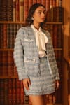 Buy_Label Deepika Nagpal_Blue Blazer And Skirt Tweed Geometric Shirt Collared Kayla Front Open With Set _Online_at_Aza_Fashions